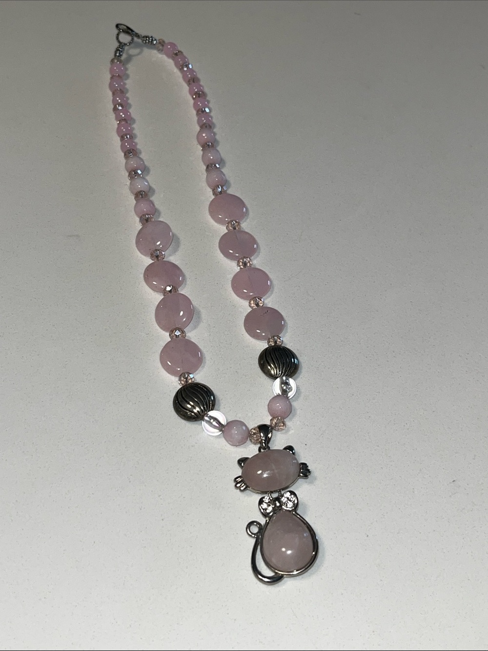 Rose Quartz Beaded Cat Pendant Necklace